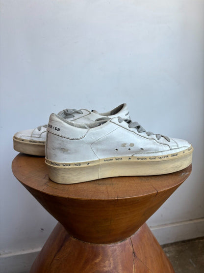 GOLDEN GOOSE Hi Star White Gold Leather Flatform Platform Low Top Sneaker 36