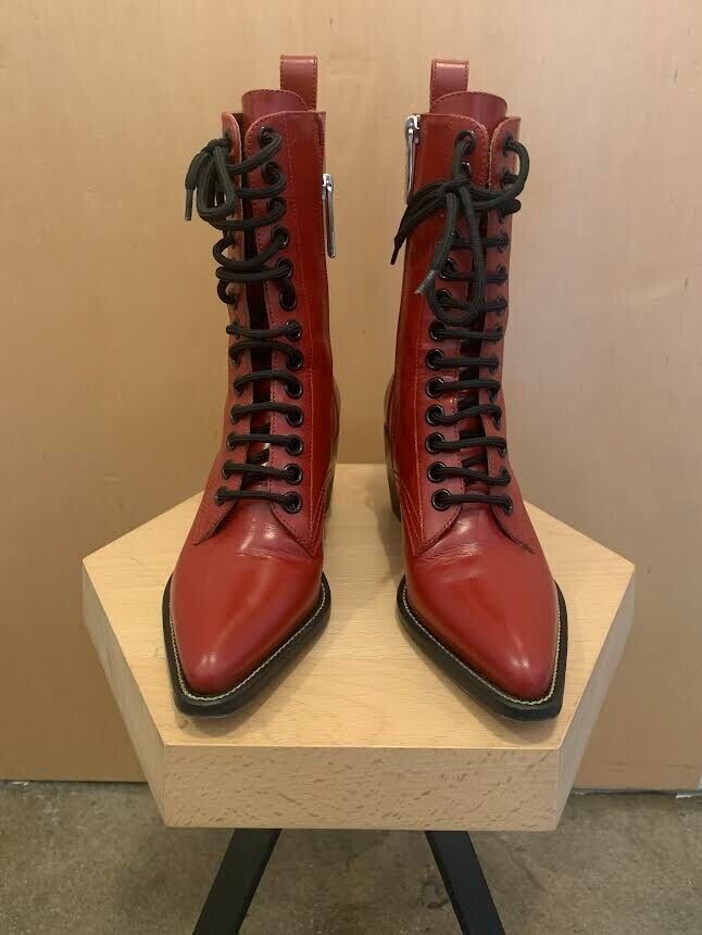 CHLOE Rylee Red Patent Leather Pointed Cuban Heel Lace Up Ankle Boots 36/6/5.5