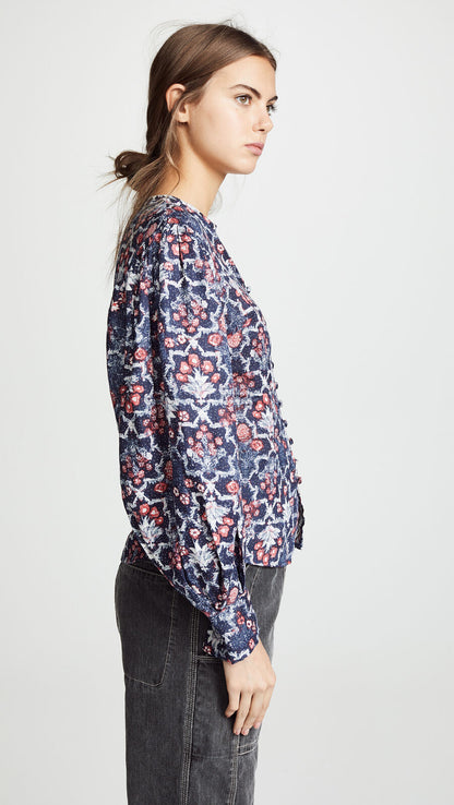 ISABEL MARANT 400 Tilo Linen Midnight Blue Red Floral Print Mandarin Blouse 34/2