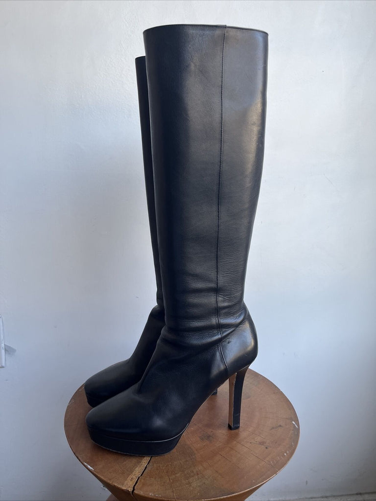 JIMMY CHOO Rare $1,275 Mara Black Leather Platform Knee High Stiletto Boot 39.5