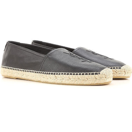 SAINT LAURENT YSL Men's Black Pebbled Leather Raffia Strap Espadrille Flats 42.5