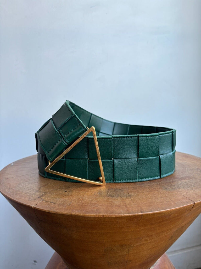 BOTTEGA VENETA Teal Blue Green Wide Woven Leather Waist Belt 70 cm / 22 inch