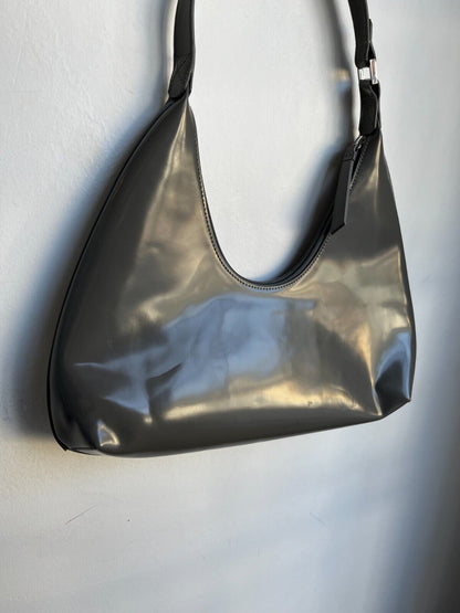 BY FAR Amber Grey Patent Leather Small Zip Hobo Shoulder Bag Purse