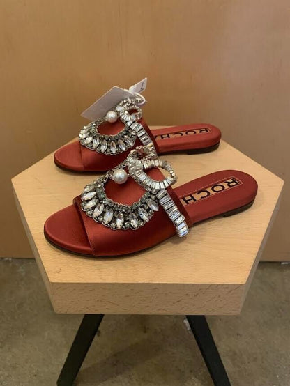 ROCHAS NWT $1,300 Berry Red Crystal/Pearl Embellished Silk Mule Flat Slide 35.5