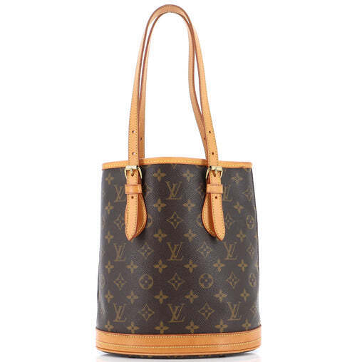 LOUIS VUITTON Petit Bucket Brown Canvas Leather Monogram Shoulder Bag Tote Purse