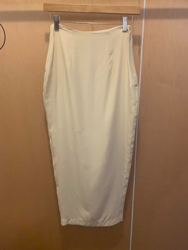MIRROR PALAIS Creme Ivory White Silk Charmeuse Slit Garmentory Slip Maxi Skirt S
