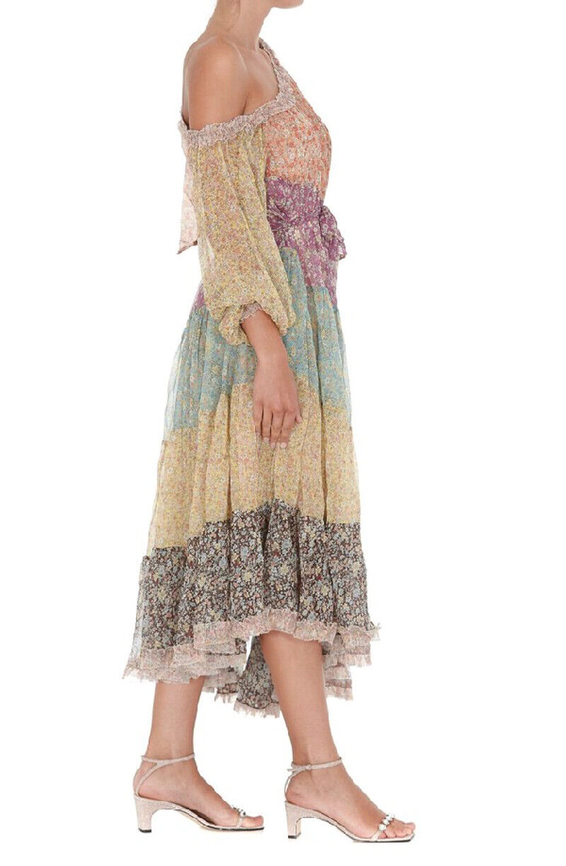 ZIMMERMANN NWT Carnaby Frill Swing Floral Print Asymmetric Silk Midi Dress 2/M
