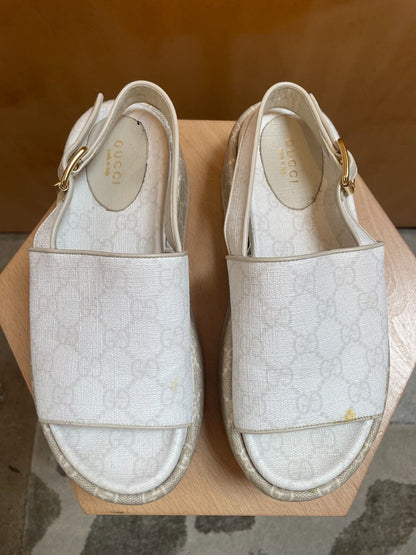 GUCCI Angelina White Beige GG Supreme Monogram Platform Slingback Sandal Shoe 36