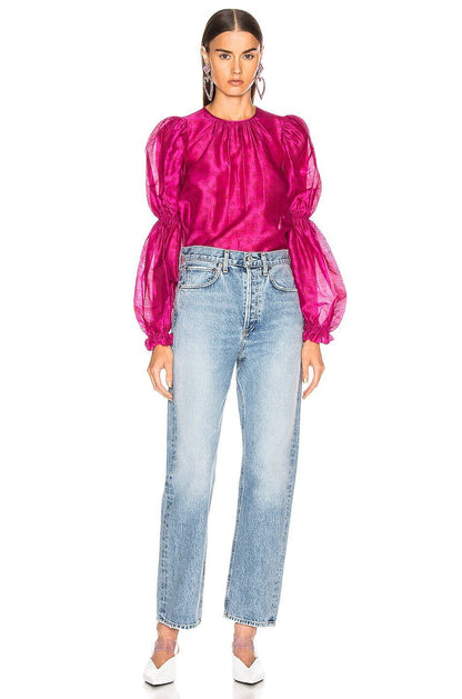 ULLA JOHNSON Aster Fuchsia Bright Pink Silk Floral Print Puff Slv Top Blouse 10