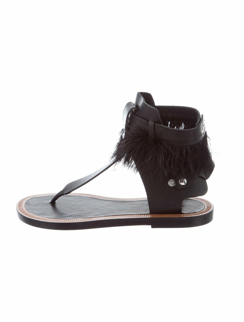ISABEL MARANT 1100 Jaydn Black Feather Leather Ankle TStrap Flat Sandal 36/5.5/5