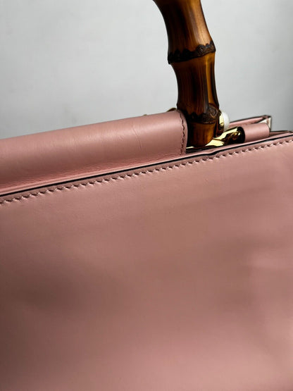 GUCCI NEW Nymphaea Pink Leather Bamboo Handle Web Stripe Shoulder Bag Purse