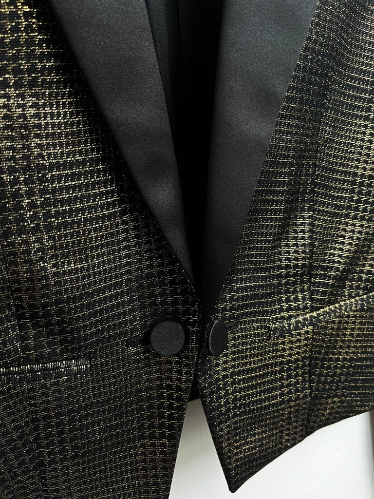 SAINT LAURENT YSL Black Gold Plaid Satin Peaked Lapel Cropped Blazer Jacket 34