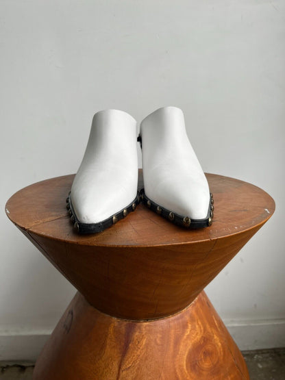 ILIO SMERALDO Grece Ghanem White Leather Studded Western Mule Slide Heels 37.5
