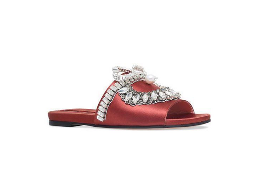 ROCHAS NWT $1,300 Berry Red Crystal/Pearl Embellished Silk Mule Flat Slide 35.5