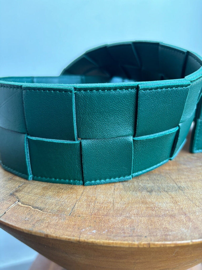 BOTTEGA VENETA Teal Blue Green Wide Woven Leather Waist Belt 70 cm / 22 inch