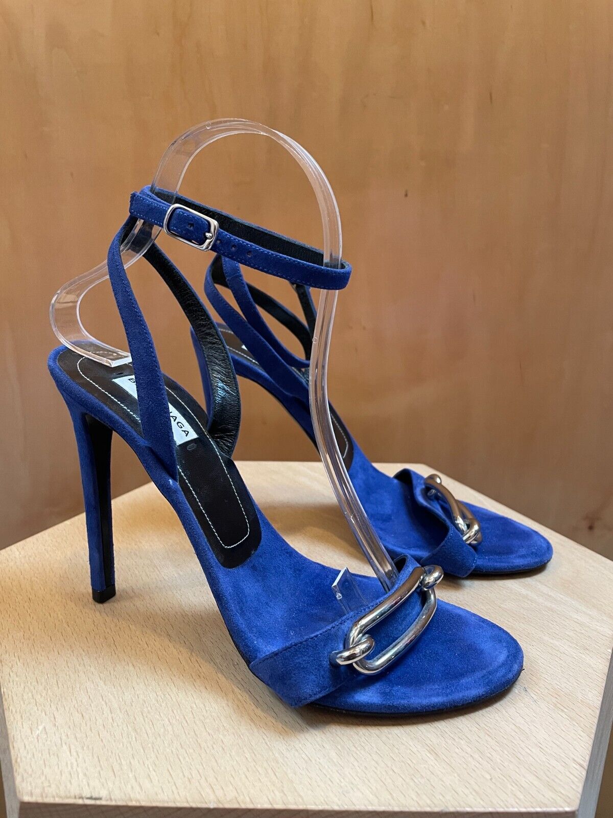 BALENCIAGA Blue Suede Silver Buckle Strappy Open Toe Stiletto Sandal Heel 37.5