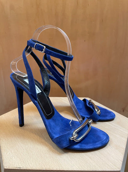 BALENCIAGA Blue Suede Silver Buckle Strappy Open Toe Stiletto Sandal Heel 37.5