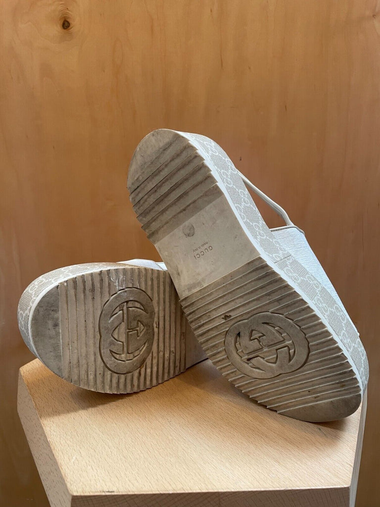 GUCCI Angelina White Beige GG Supreme Monogram Platform Slingback Sandal Shoe 36