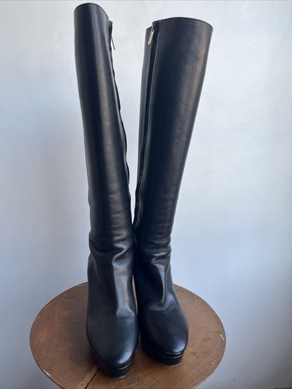 JIMMY CHOO Rare $1,275 Mara Black Leather Platform Knee High Stiletto Boot 39.5