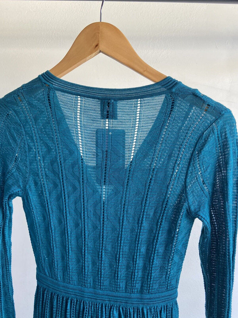 MISSONI NWT Teal Blue Bodycon Long Sleeve Wool V-Neck Midi Knit Dress 38/2/0
