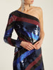 DVF NWT 2200 One Shoulder Bias Cut Striped Sequin Navy Multi Stripe Midi Dress 0