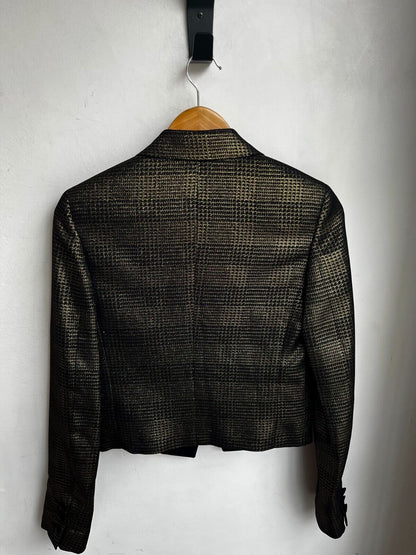 SAINT LAURENT YSL Black Gold Plaid Satin Peaked Lapel Cropped Blazer Jacket 34