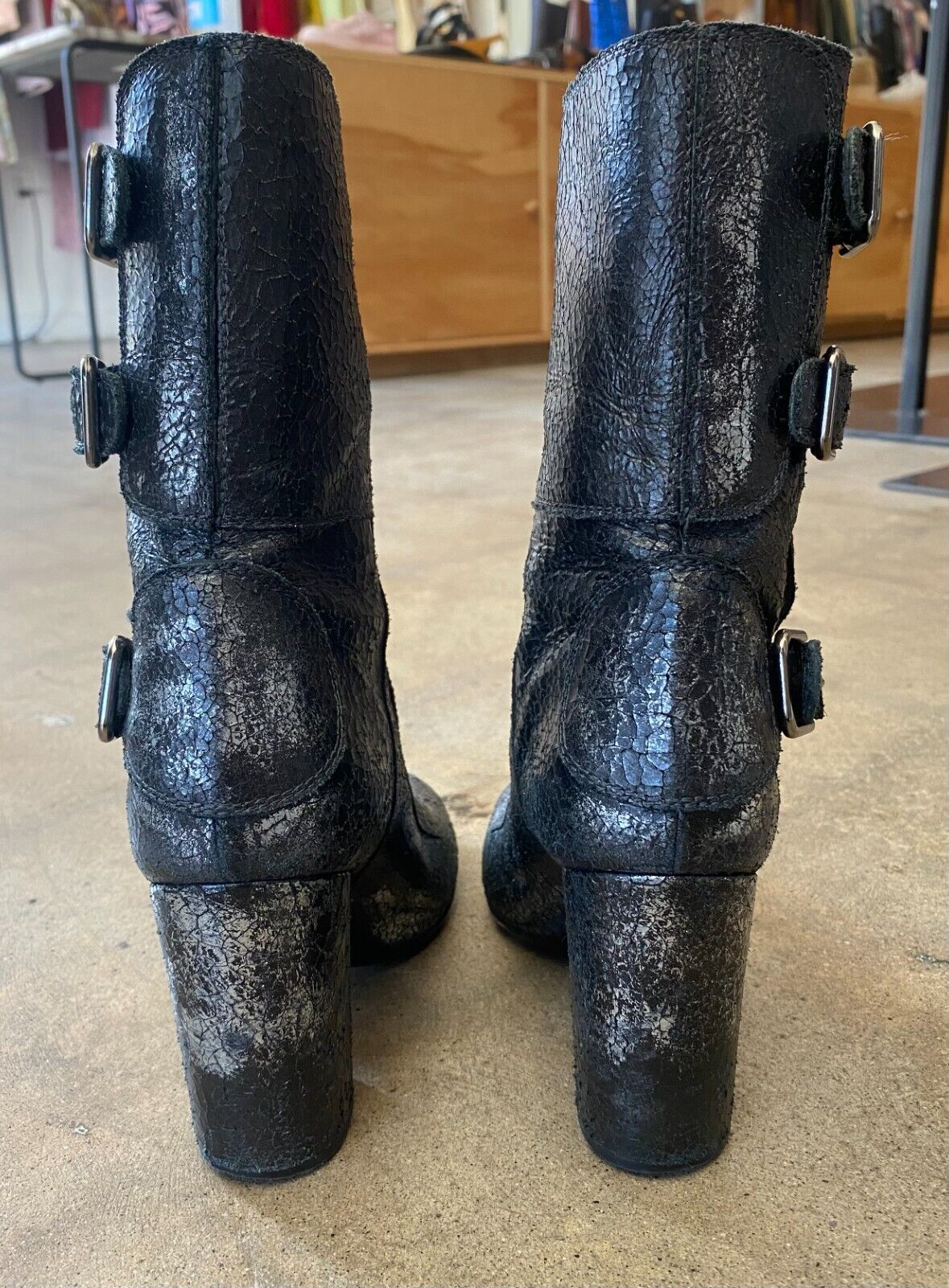 LAURENCE DACADE Merli Silver Metallic Crackle Leather Buckle Ankle Heel Boots 37