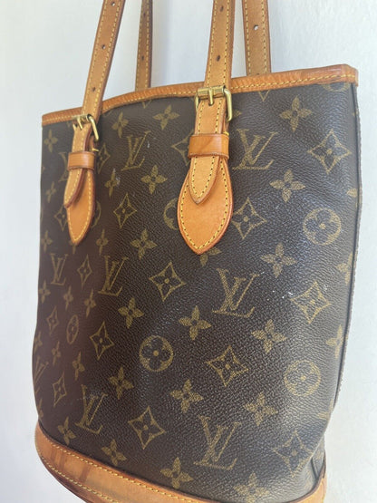 LOUIS VUITTON Petit Bucket Brown Canvas Leather Monogram Shoulder Bag Tote Purse