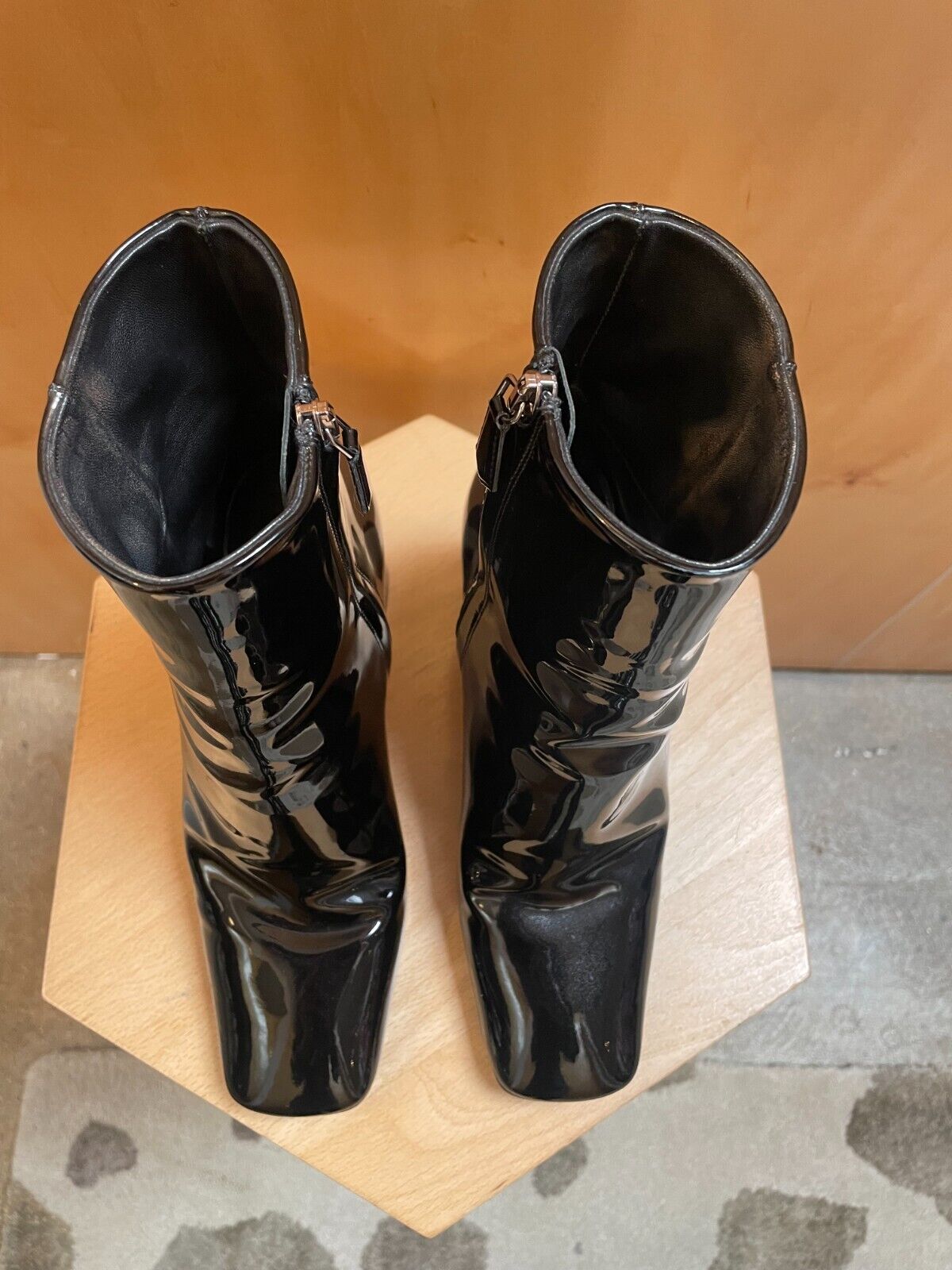 PRADA Black Patent Leather Square Toe Chunky Heel Ankle Bootie Boot 36