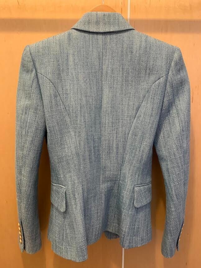 BALMAIN Blue Tweed Chambray Denim Double Breasted Jacket Blazer 36/4/2