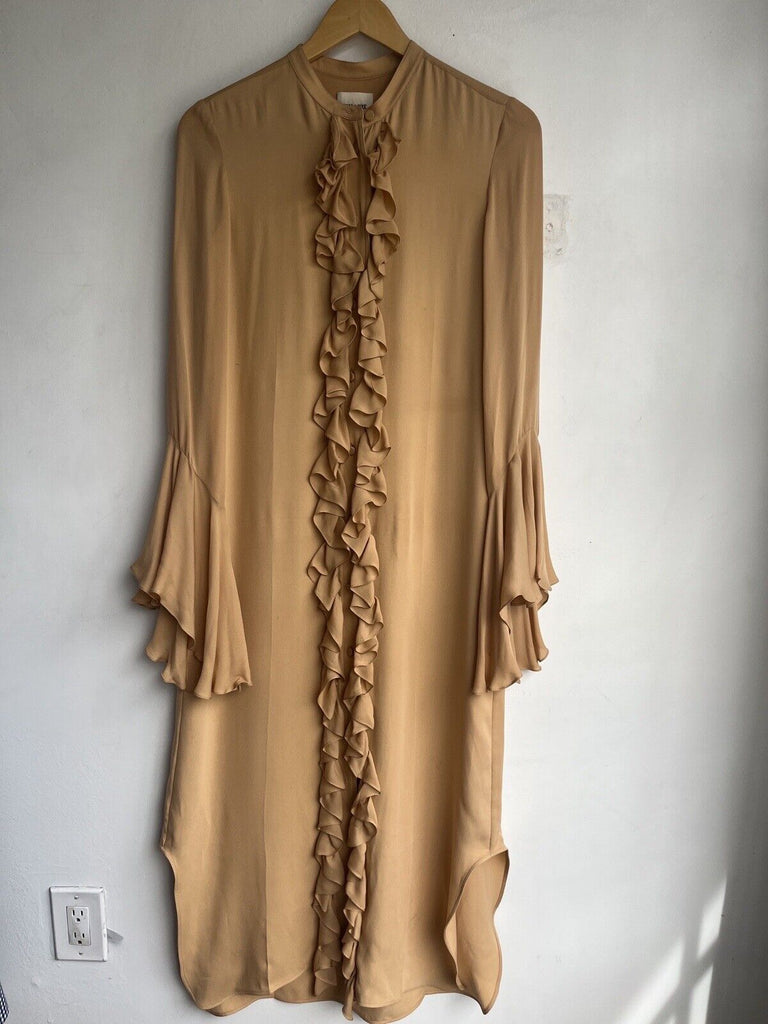 KHAITE Callen Nude Beige Tan Silk Ruffle Long Sleeve Midi Maxi Shirt Dress S