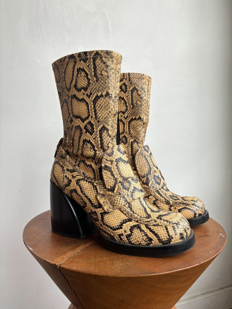 CHLOE Adelie Snakeskin Print Python Brown Beige Leather Ankle Calf Boots 37.5