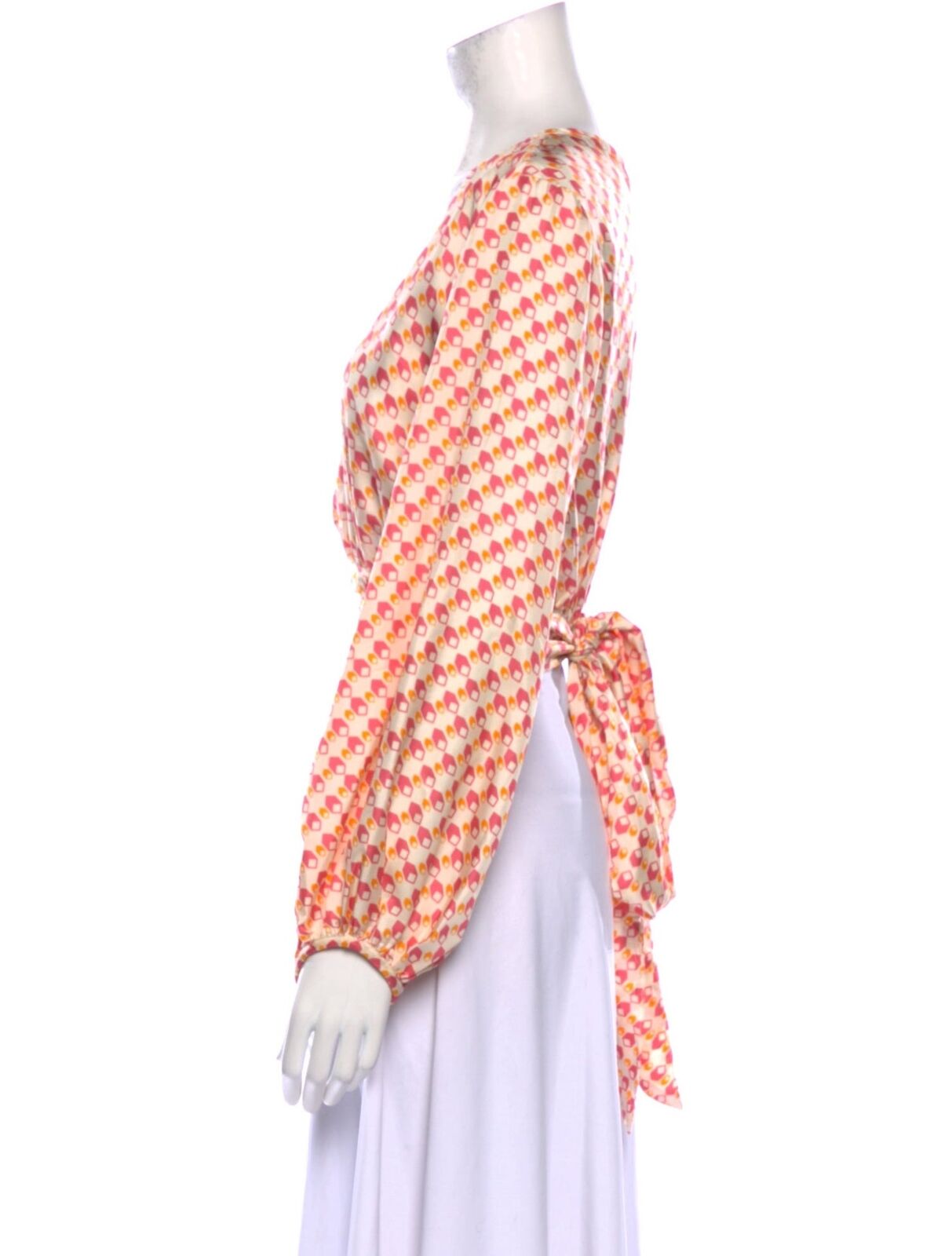 CIAO LUCIA White Pink Orange Geometric Printed Silk Tie Cropped Blouse Top S