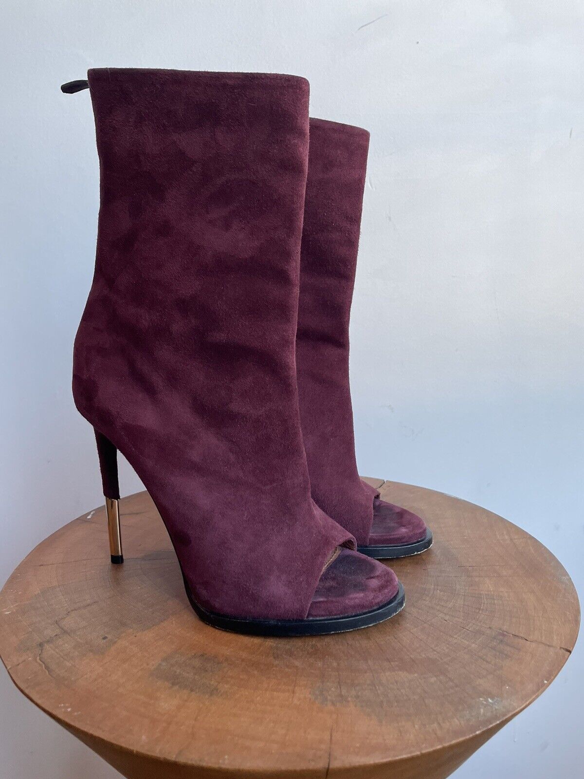GIVENCHY Purple Burgundy Maroon Suede Leather Peep Toe Stiletto Ankle Boot 37.5