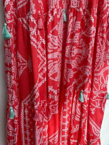 HEMANT & NANDITA NWT Native Coral Red Pink Print Beaded Tassel Maxi Dress S