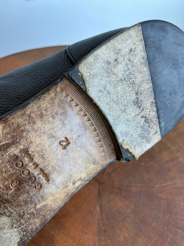 GUCCI Men's Paride Black Leather Web Stripe Horsebit Oxford Flat Loafer Shoe 12