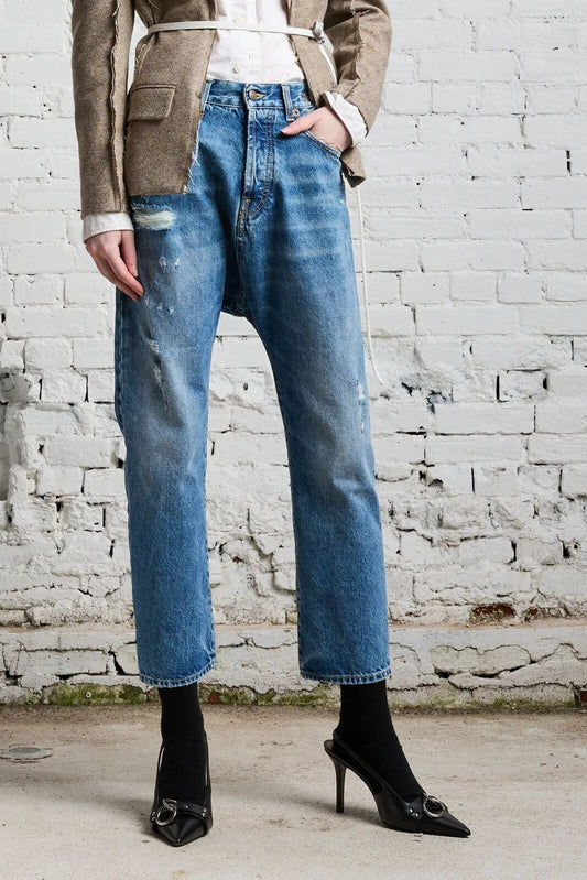 R13 Tailored Drop Crop Bain Wash Distressed Ripped Drop Crotch Denim Jean 27