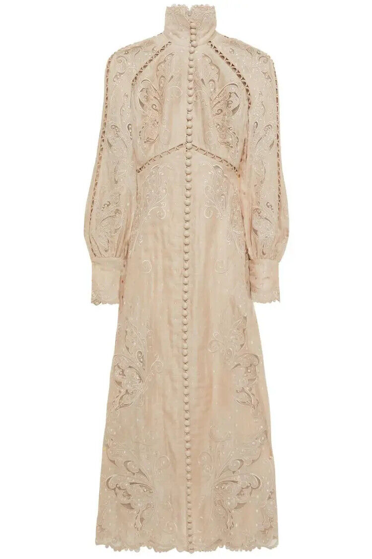 ZIMMERMANN $2875 Super Eight Embroidered Bone Beige Linen Silk Midi Gown Dress 0