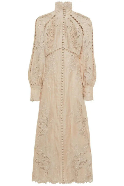 ZIMMERMANN $2875 Super Eight Embroidered Bone Beige Linen Silk Midi Gown Dress 0