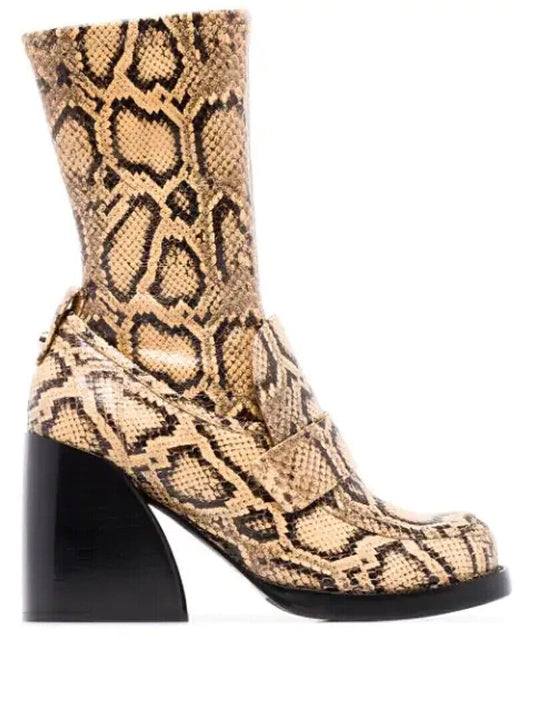 CHLOE Adelie Snakeskin Print Python Brown Beige Leather Ankle Calf Boots 37.5