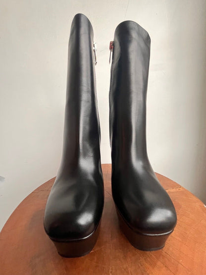 GUCCI Malaga Black Platform Square Toe Block High Heel Ankle Calf Boot 37.5
