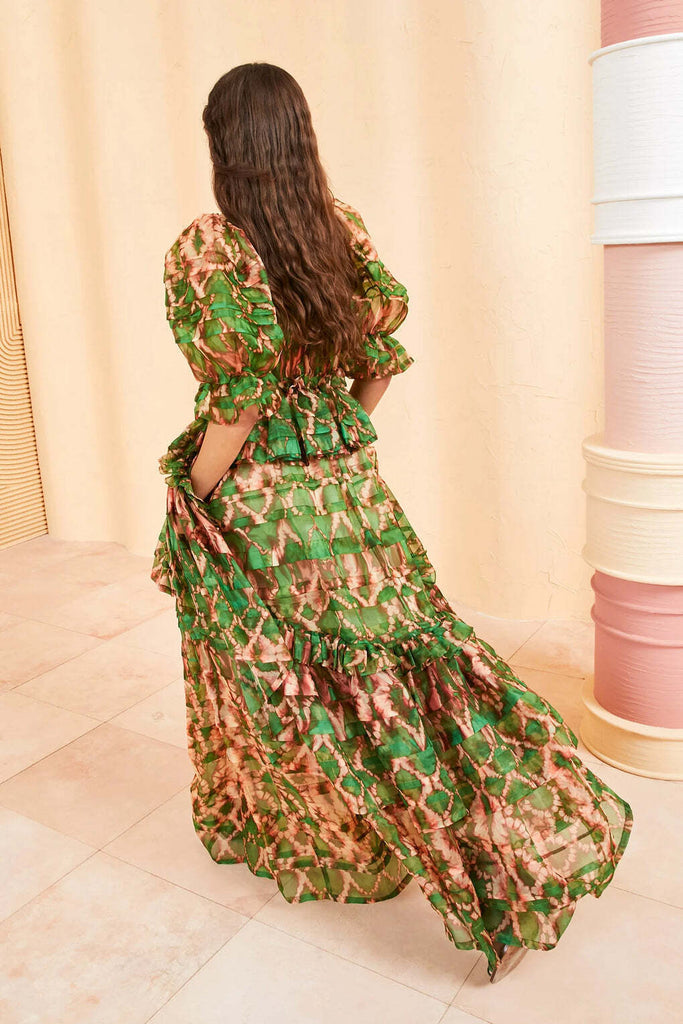 ULLA JOHNSON NWT Ophelia Serpentine Green Pink Silk Tiered Maxi Dress Gown 6
