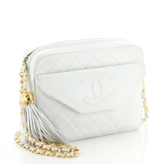 CHANEL Vintage White Camera Pocket Pebbled Leather Quilted Shoulder Bag Purse