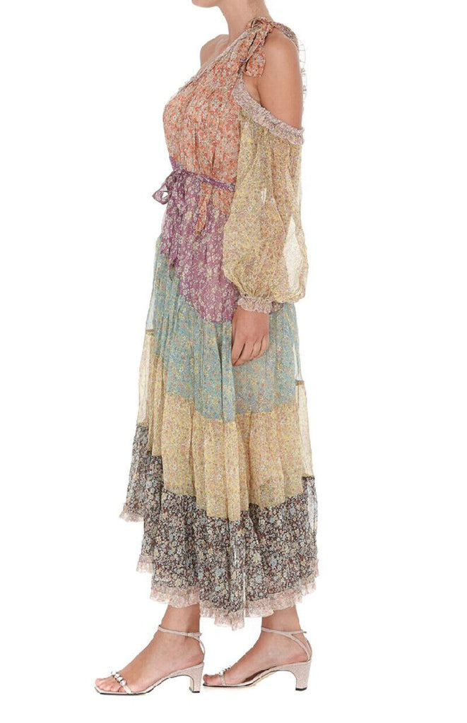 ZIMMERMANN NWT Carnaby Frill Swing Floral Print Asymmetric Silk Midi Dress 2/M
