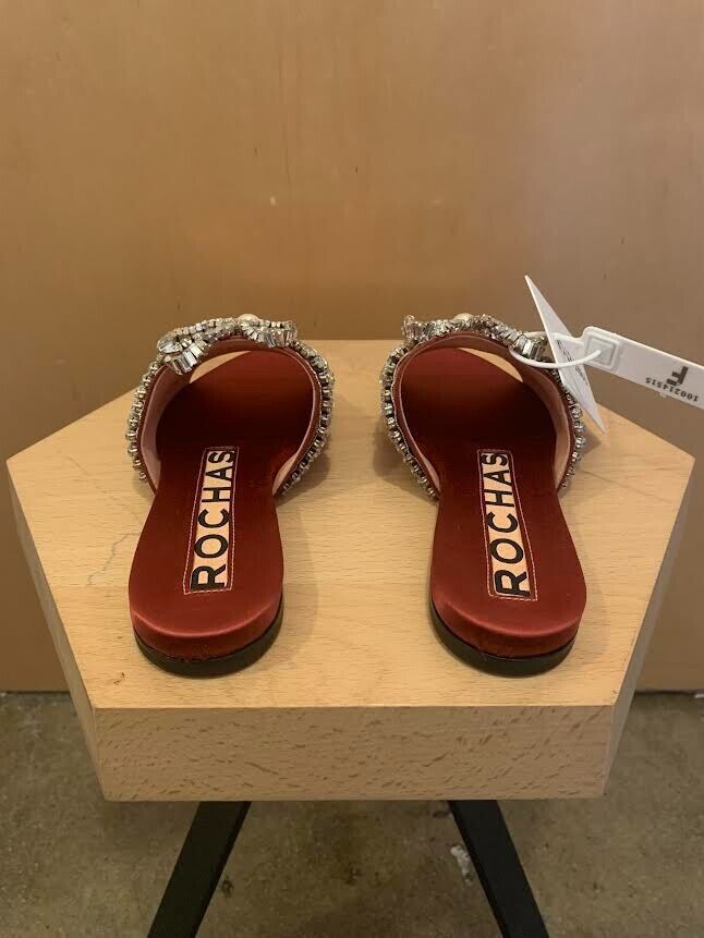 ROCHAS NWT $1,300 Berry Red Crystal/Pearl Embellished Silk Mule Flat Slide 35.5