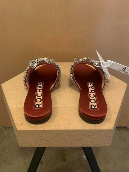 ROCHAS NWT $1,300 Berry Red Crystal/Pearl Embellished Silk Mule Flat Slide 35.5