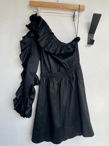 ULLA JOHNSON Black Falaise Ruffled One Shoulder Silk Satin Taffeta Mini Dress 2