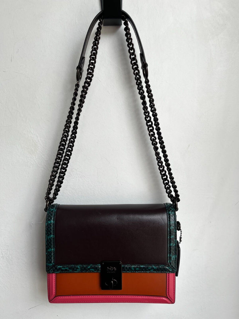 COACH Hutton Multicolor Colorblock Snakeskin Chain Shoulder Strap Flap Bag Purse