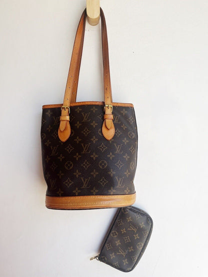 LOUIS VUITTON Petit Bucket Brown Canvas Leather Monogram Shoulder Bag Tote Purse