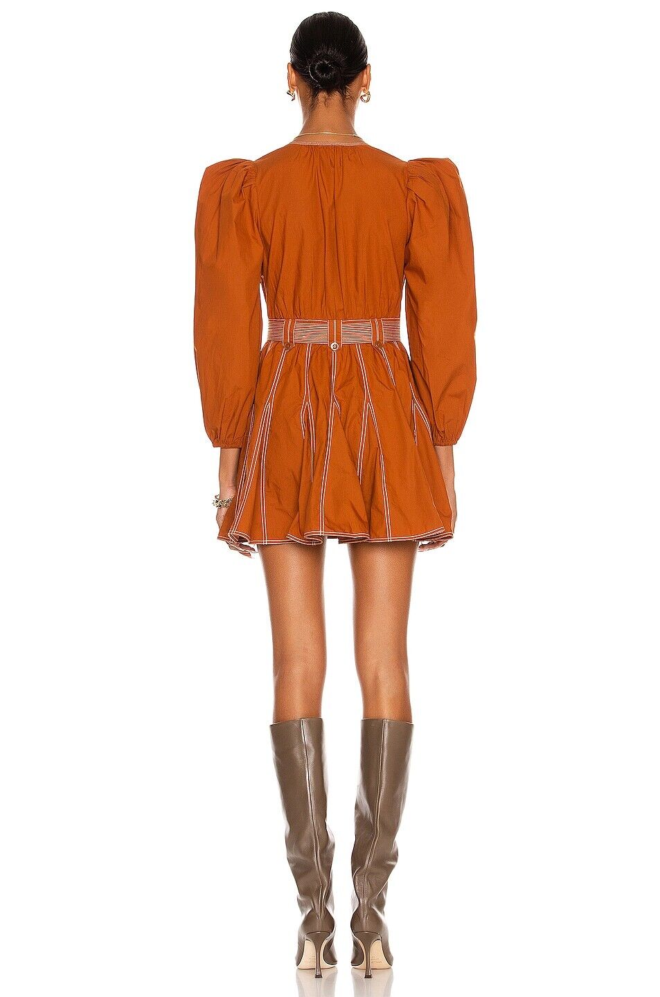 ULLA JOHNSON Corliss Sumac Brown Cotton Long Sleeve Belted Mini Dress 10
